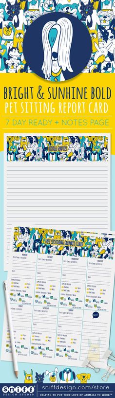 Bright and Sunshine, Bold Pet Sitting Report Card and Notes for purchase by Sniff Design Studio online store. Dog Report Card, Animal Report, Bright Sunshine, Time Activities