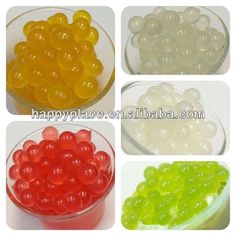 four different types of gummy bears in plastic bowls