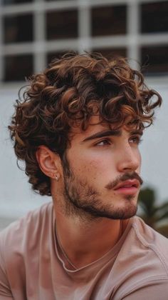 a young man with curly hair wearing a tan t - shirt looking off to the side