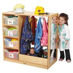 Love this dress up storage! I especially like the hooks in place of hangers. Toy Storage Furniture, Homeschooling Room, Dress Up Area, Best Toddler Shoes, Family Daycare, Dress Up Stations, Toddler Dress Up, Daycare Business, Dress Up Storage