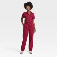 Women's Short Sleeve Boilersuit - Universal Thread™ Burgundy 2 Coverall Outfit Women, Coverall Outfit, Short Sleeve Denim Jumpsuit, Cargo Jumpsuit, Target Clothes, Boiler Suit, Travel Outfits, Leg Cuffs, Spandex Shorts