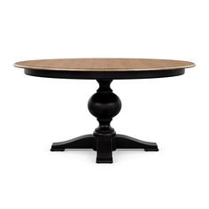 an oval dining table with black legs and a wooden top, against a white background