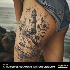 a woman's thigh with a lighthouse and flowers tattoo on her leg, next to the ocean