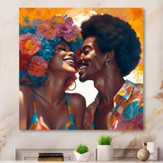 two black women with flowers in their hair are smiling and touching each other's noses