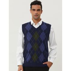 An essential choice for vintage style wearing. The simple argyle print design makes it easier to match your other clothes. The classic style and the nice soft fabric make this knitted sweater vest an on-trend essential. A good gift for families, friends, boyfriends, or husbands. Suitable for any occasion. Comfortable to wear with casual pants or suit pants. Cotton Sweater Vest For Winter, Winter V-neck Argyle Pattern Top, Casual Cotton Sweater With Argyle Pattern, Casual Argyle Pattern Vest For Fall, Casual Cotton Argyle Sweater, Fitted Argyle Sweater Vest For Winter, Sleeveless Argyle Sweater Vest For Winter, Winter Cotton Argyle Sweater, Fall Argyle Pattern Sleeveless Sweater Vest