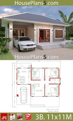 two story house plan with 3 car garage and living area in the front, from top to bottom