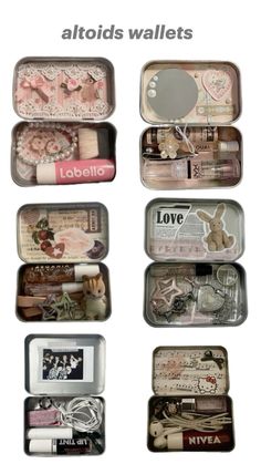 several tins filled with different types of items and words on the inside of them