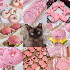 a collage of pink and white desserts, cookies, doughnuts, and cats