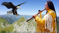 an eagle flying over a person holding a flute