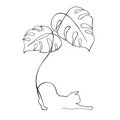 a black and white drawing of a cat sitting under a large plant with leaves on it