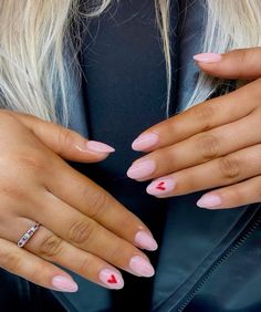 Cute Valentine Nails Short, Short Acrylic Nails Designs Simple Valentines Day, Valentine’s Day Nail Ideas Almond, Nail Idea Valentines, Pink Nails With Love Heart, Valentine’s Day Heart Nails, Simple Almond Nail Designs Classy, Valentines Nail Ideas Pink, After Valentines Nails