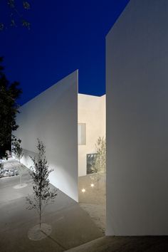 two white buildings with trees in the foreground and lights shining on them at night