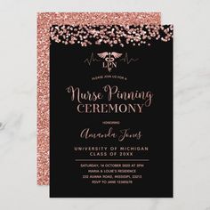 pink glitter confetti on black and rose gold foil wedding ceremony program announcement card