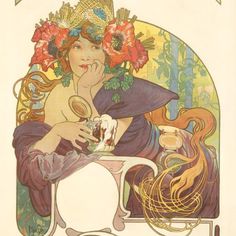 a woman sitting at a table with flowers on her head and holding a cup in her hand