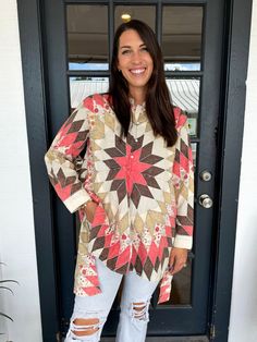 Get cozy in The Quiltie Top, an oversized button-up tunic with a trendy quilted design. Featuring a comfortable collar and stylish high-low cut, this top is perfect for a casual day out or a night in. The cuff sleeves add a touch of sophistication. Chelsea in Beige is wearing a size L/XL. Height is 5’8”, Bust is 36”, Waist is 29. Ashley in Turq. is wearing a size S/M. Height is 5’6”, Bust is 34”, Waist is a 28. Trendy Fall Loungewear Blouse, Oversized Fall Blouse With Placket, Oversized Blouse With Placket For Fall, Oversized Placket Blouse For Fall, Collared Blouse For Loungewear In Fall, Casual Long Sleeve Quilted Top, Fall Daywear Tunic With Shirttail Hem, Casual Fall Tunic With Buttons, Fall Long Sleeve Daywear Tunic