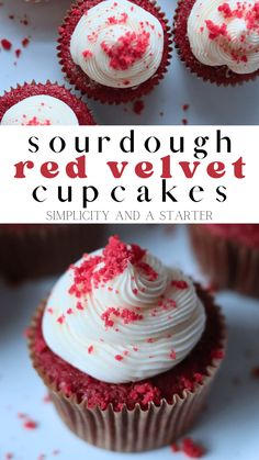 red velvet cupcakes with white frosting and sprinkles