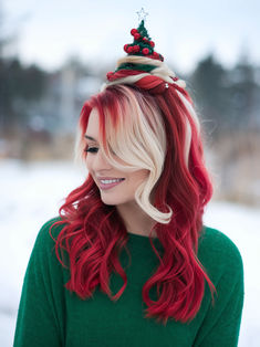 If you’re looking to make a bold statement, a Christmas ombre look is perfect for women with dyed hair. This style blends festive colors like red, green, or gold into your natural or base hair color, creating a seamless holiday transition. Christmas Vivid Hair Color, Christmas Elf Hairstyles, Red Hair Christmas Aesthetic, Who Inspired Hairdos Grinch, Red And Green Hair Christmas, Christmas Ombre, Christmas Hair Ideas, Red And Green Hair