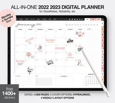 the 2021 digital planner is displayed on a tablet with a pencil and paper next to it