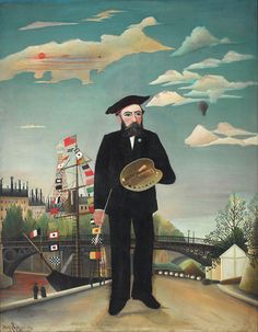 an oil painting of a man in a black suit and hat holding a fan standing on a bridge