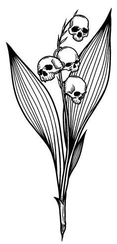 an ink drawing of flowers with leaves and skulls on the petals, in black and white