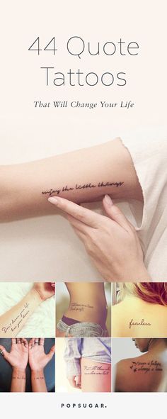 a woman's arm with tattoos on it and the words, 42 quote tattoos that will change your life