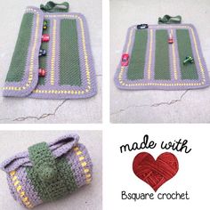 crocheted purses made with beads and yarn are shown in three different pictures