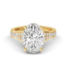 an oval cut diamond engagement ring with two rows of diamonds on the band and side stones