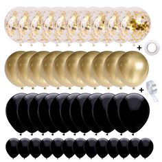 gold, black and white balloons are shown with the number one on each balloon package