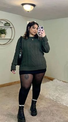 Long Socks With Boots Outfit, Black Platform Docs Outfit, Skirt And Nylons Outfit, Mini Skirt Mid Size Outfit, Black And White Plus Size Outfits, Alt Girl Winter Outfits, Black Skirt Outfit Plus Size, Green Skirt Outfit Fall, Plus Size Fashion Inspo