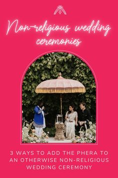 a pink wedding card with an image of two men and a woman under an umbrella