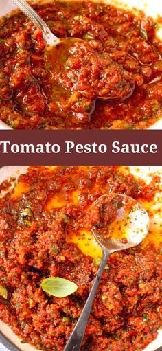 tomato pesto sauce in a white bowl with spoons next to it and the recipe below