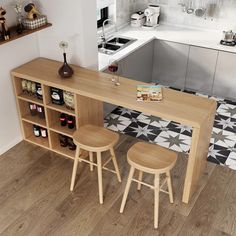 a kitchen with two stools next to a counter