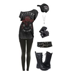 Alchemy, created by ladysprinkles on Polyvore Rocker Girl Outfits, Rocker Outfit, Off The Shoulder Shirt, Trendy Hat, Hipster Outfits