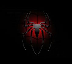 the amazing spider man logo on a black background with red light coming from it's center