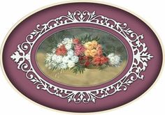 a painting of flowers in a purple frame on a white background with an ornate border