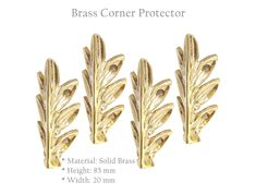 three brass tone leaves are shown in this image, with the measurements for each one