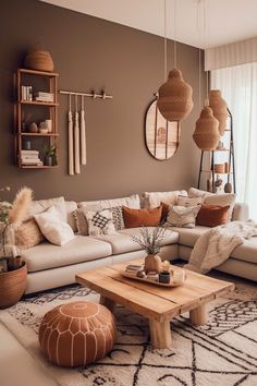 a living room filled with lots of furniture next to a wall mounted clock on the wall