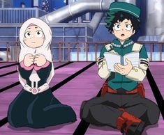 two anime characters are sitting on the ground and one is reading a book while the other looks