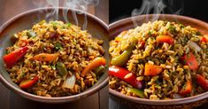 two pictures of rice and vegetables in a bowl with steam rising from the top one