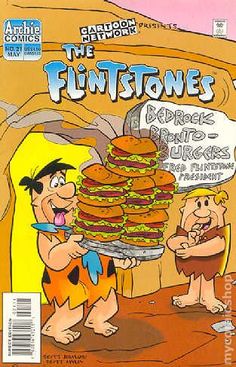 the flintstones magazine cover with two cartoon characters holding a stack of hamburgers in front of