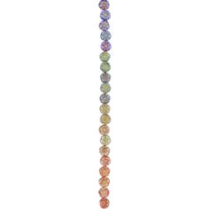 a multicolored beaded necklace is hanging from a chain on a white background