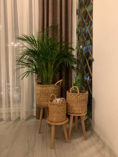 three wicker baskets with plants in them sitting on stools next to a window