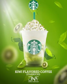 a starbucks cup with kiwi flavored coffee on top and green leaves around it