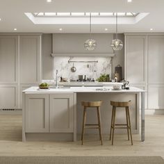 a kitchen with two stools next to an island