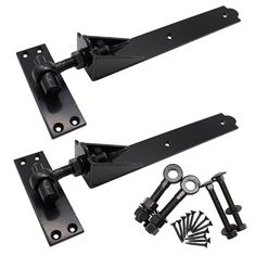 two black door latches with keys and screws next to each other on a white background