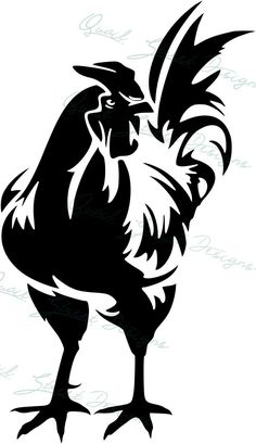 a black and white silhouette of a rooster with its head turned to the side,