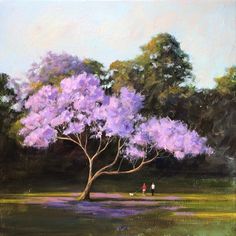 a painting of two people standing under a tree with purple flowers in the foreground