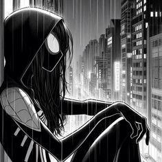 a spider - man sitting in the rain with his hands on his hipster's back