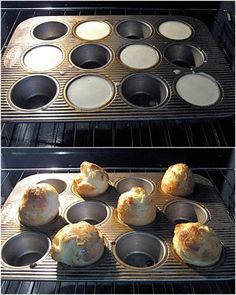 two pictures of muffins in an oven with pans on the bottom and inside