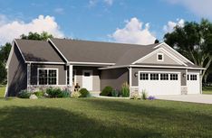 this is a computer rendering of the front elevation of these ranch homeplans and garages